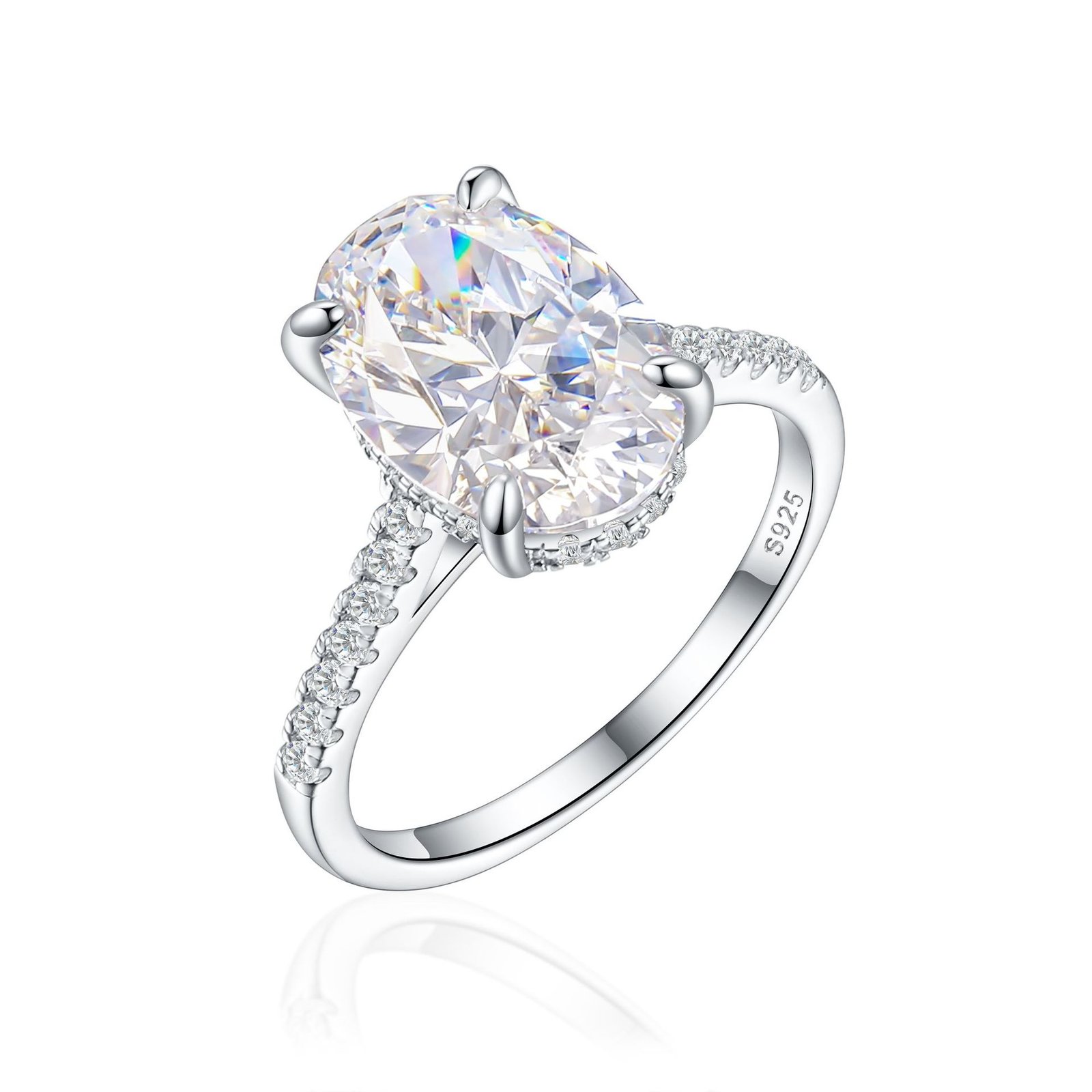 Side view of a moissanite ring for women wedding, featuring pavé-set accent zircons.