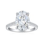 Oval cut moissanite engagement ring in sterling silver with 6ct main stone.