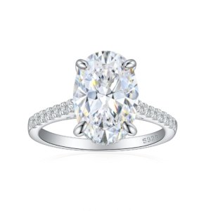 Oval cut moissanite engagement ring in sterling silver with 6ct main stone.