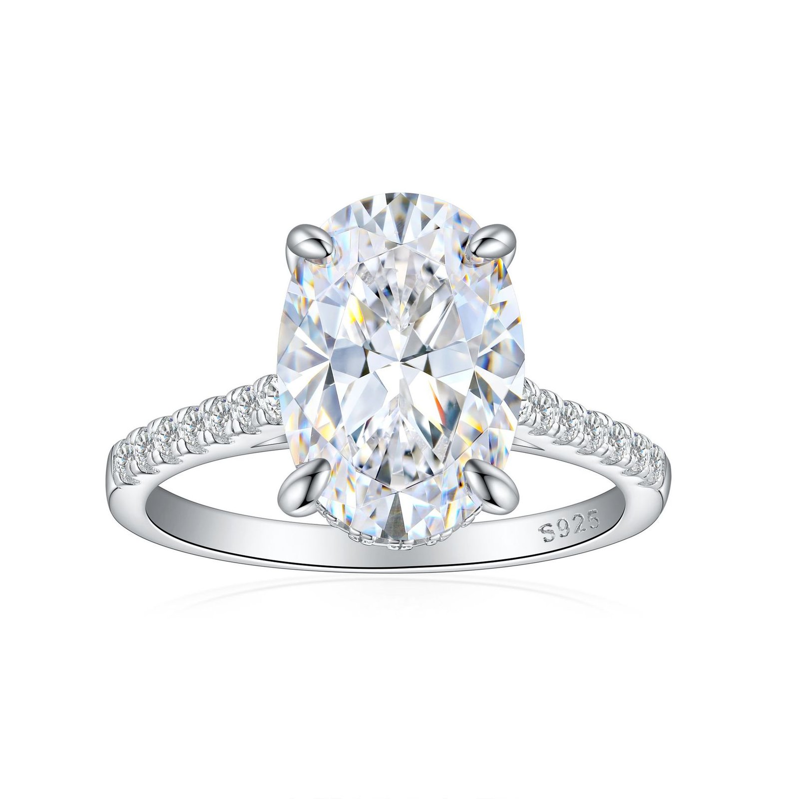 Oval cut moissanite engagement ring in sterling silver with 6ct main stone.