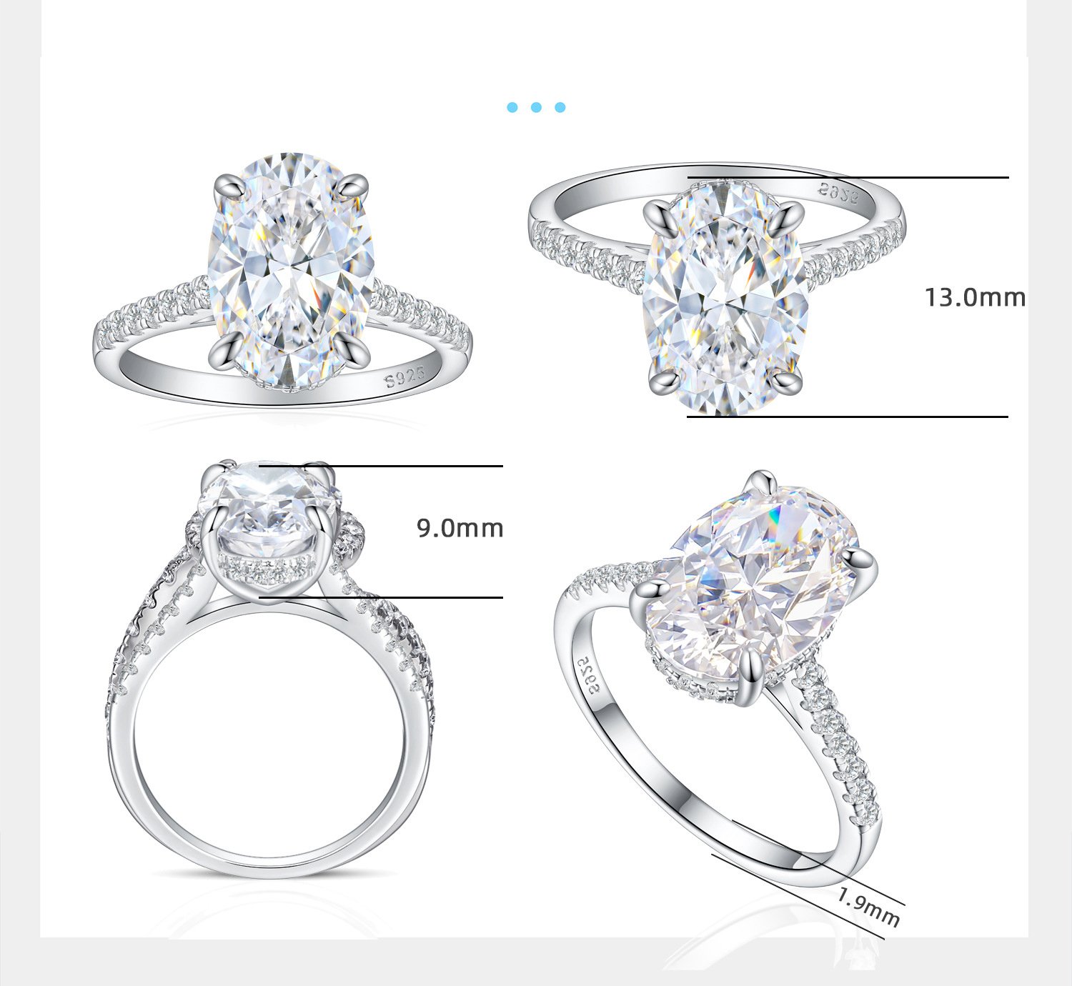 Top view of the oval-cut center stone on this sterling silver engagement ring.