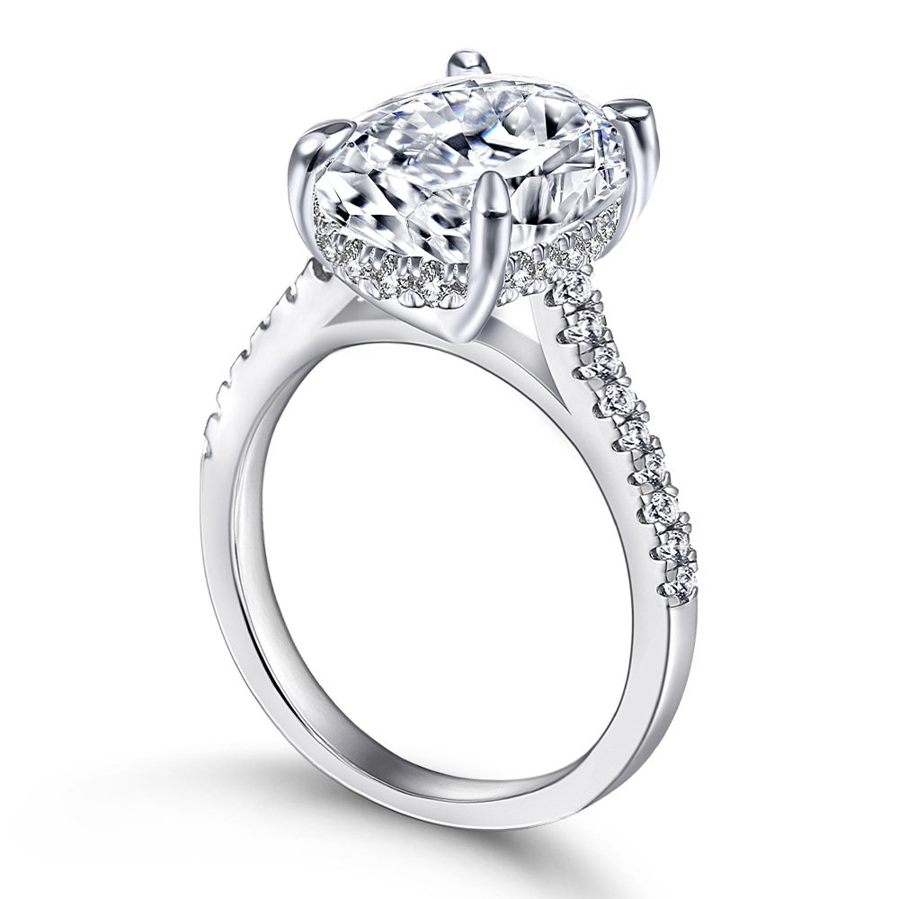 Side view of a moissanite ring for women wedding, featuring pavé-set accent zircons.