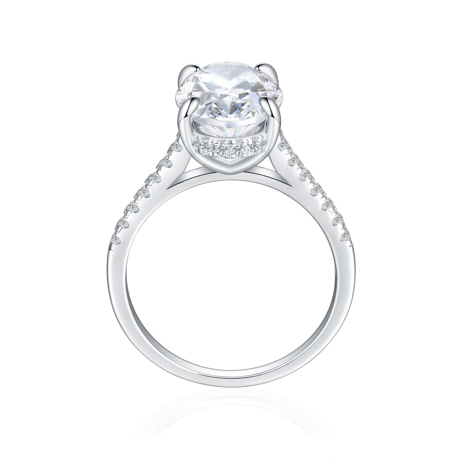 Side view of a moissanite ring for women wedding, featuring pavé-set accent zircons.