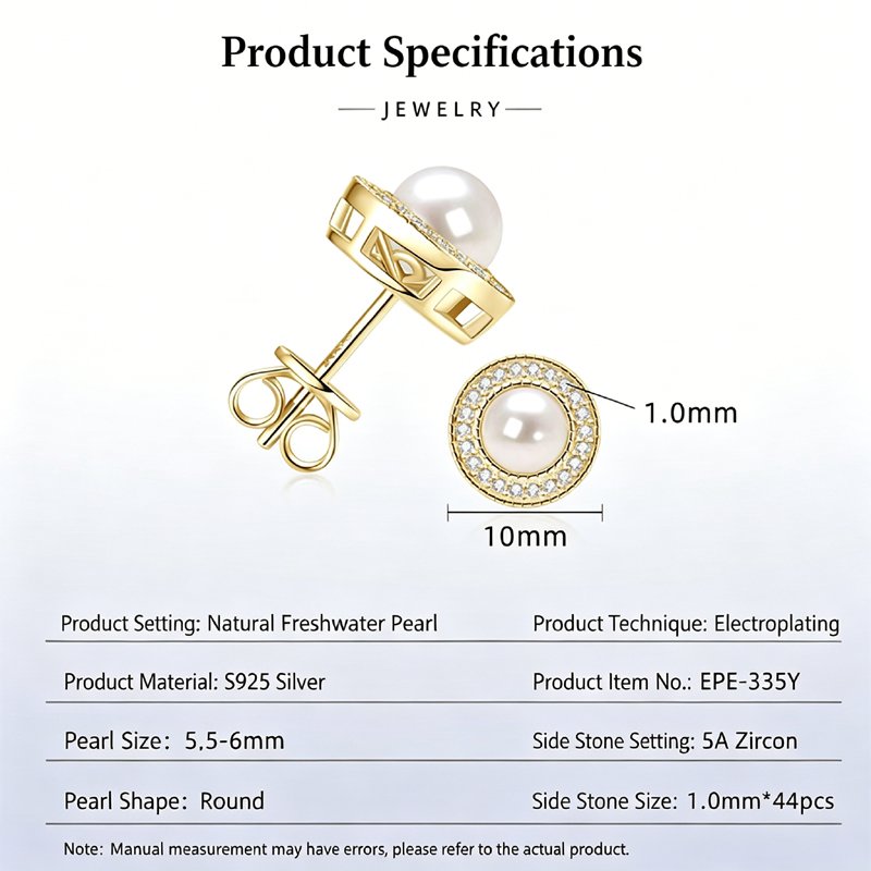 Close-up of 5.5-6mm natural freshwater pearl and 5A cubic zirconia halo on stud earrings