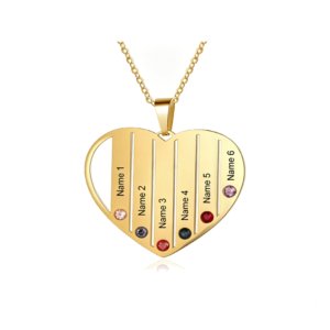 Gold personalized love pendant with 6 engraved name slots and birthstones