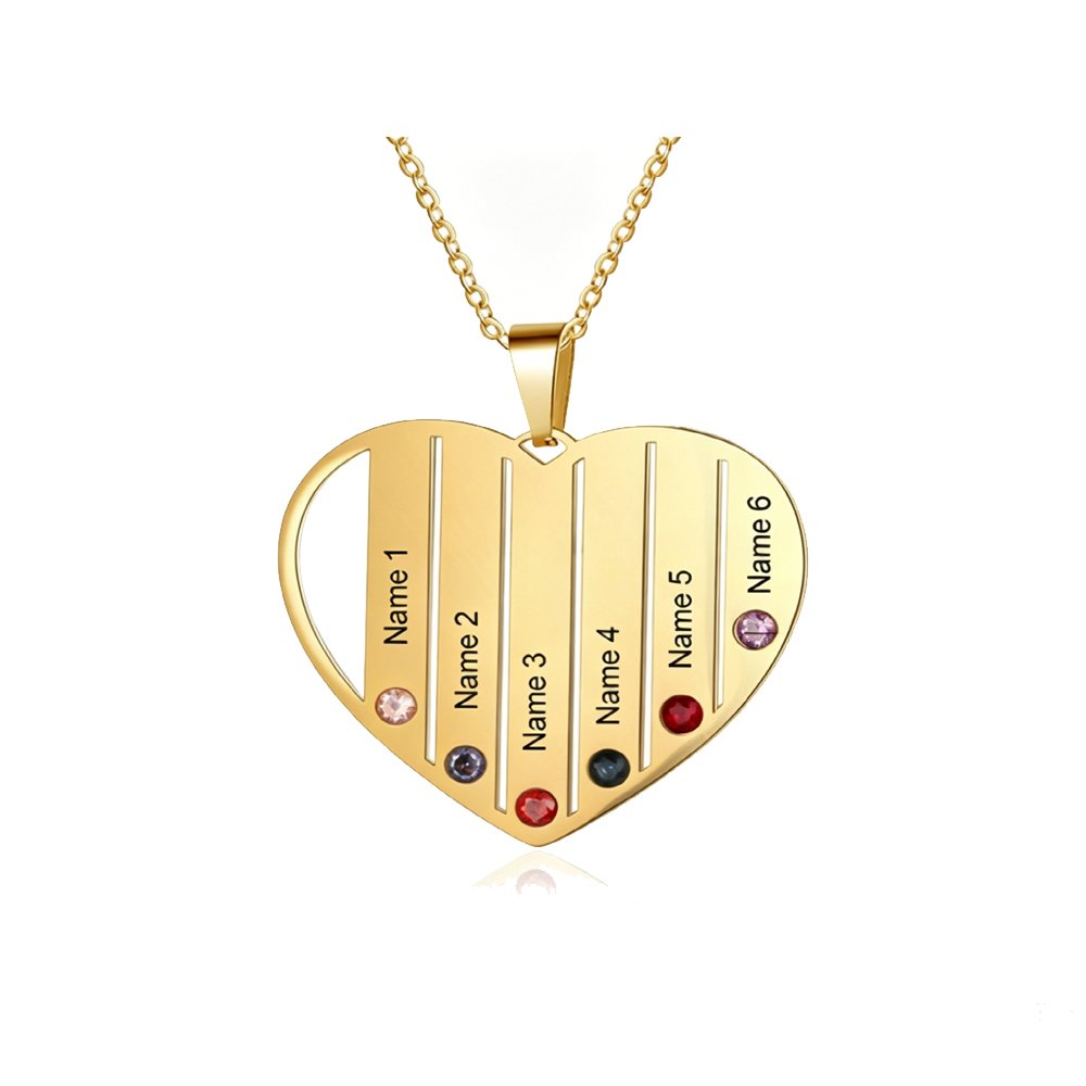 Gold personalized love pendant with 6 engraved name slots and birthstones