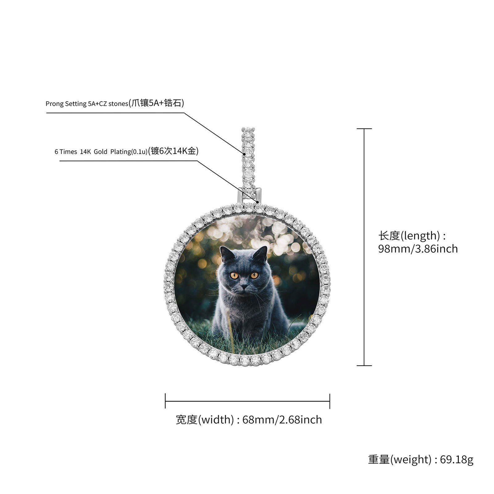 Close-up of prong-set 5A cubic zirconia stones on a custom photo pendant with polished finish