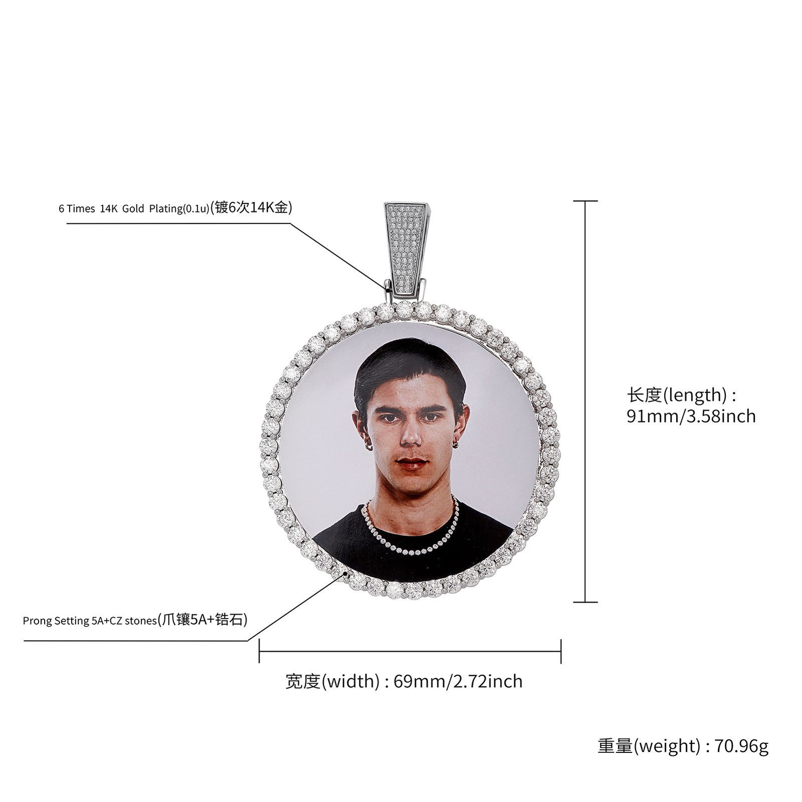 Close-up of prong-set 5A cubic zirconia stones on a custom photo pendant with polished finish