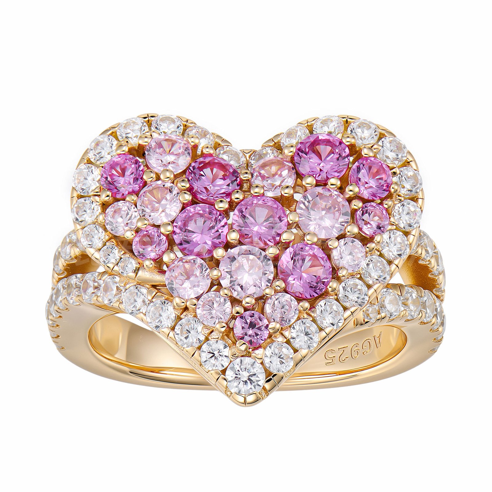 Pink heart halo ring with pave pink & white CZ stones, sterling silver heart ring