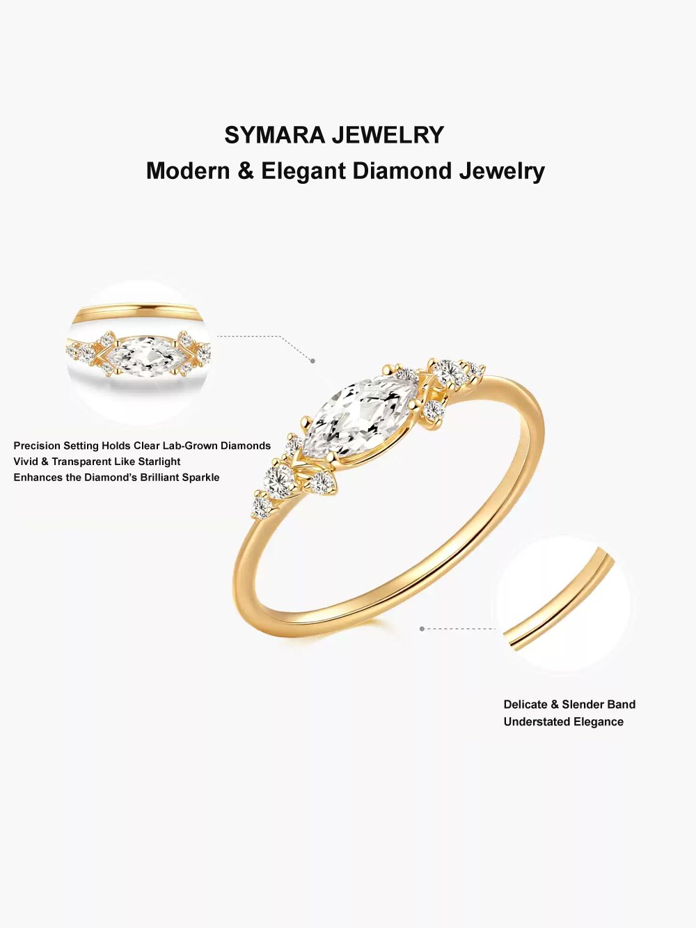 Dainty 14k gold promise ring with marquise lab grown diamond, front view