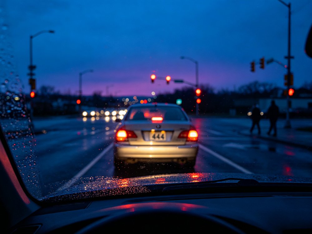 A city street during blue hour, shallow focus on the rear license plate of a car ahead, clearly reading 444, with soft bokeh lights from traffic and shop windows in the background.