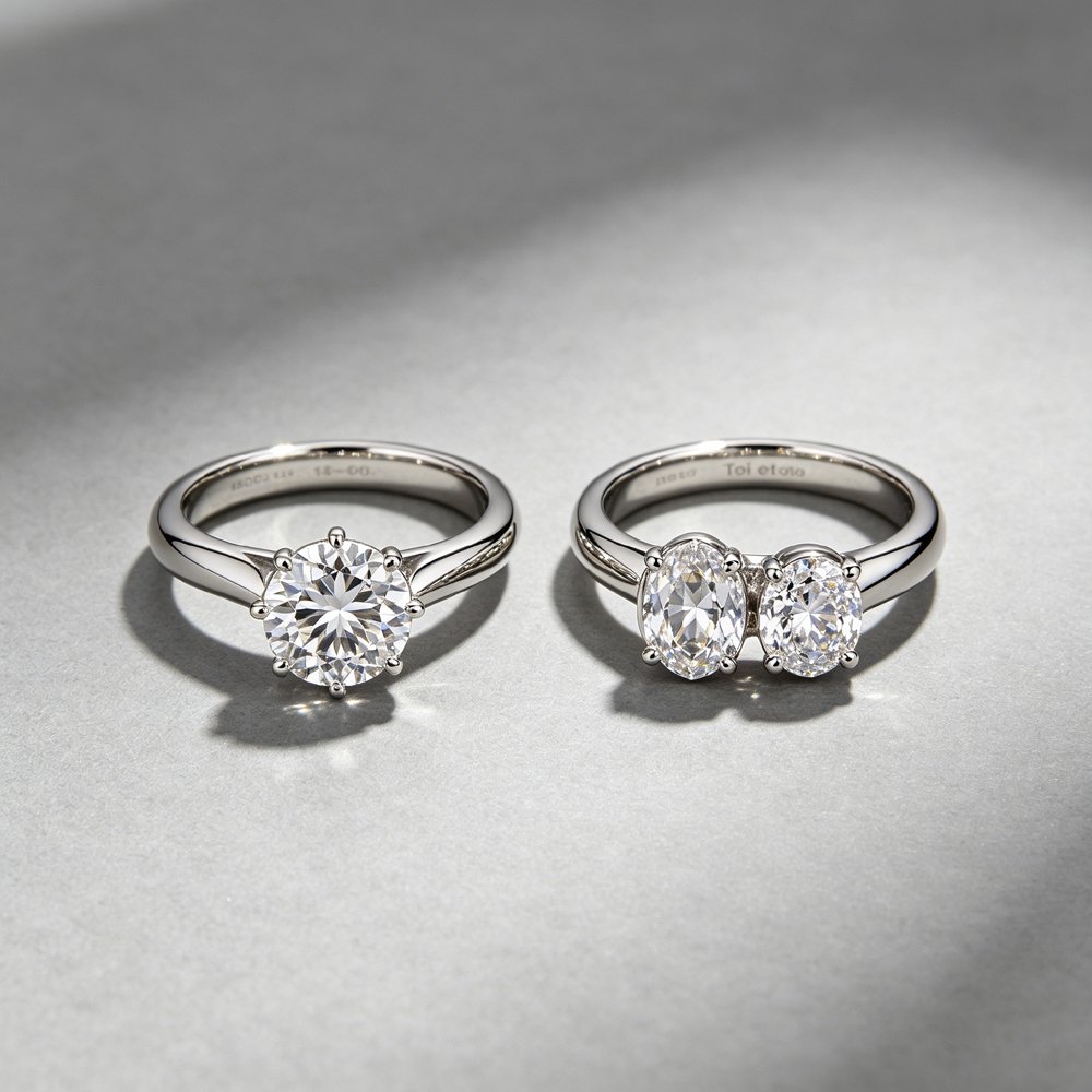 Flat lay comparison photography of a traditional solitaire single stone ring and a toi et moi two-stone ring, both in 18K white gold.