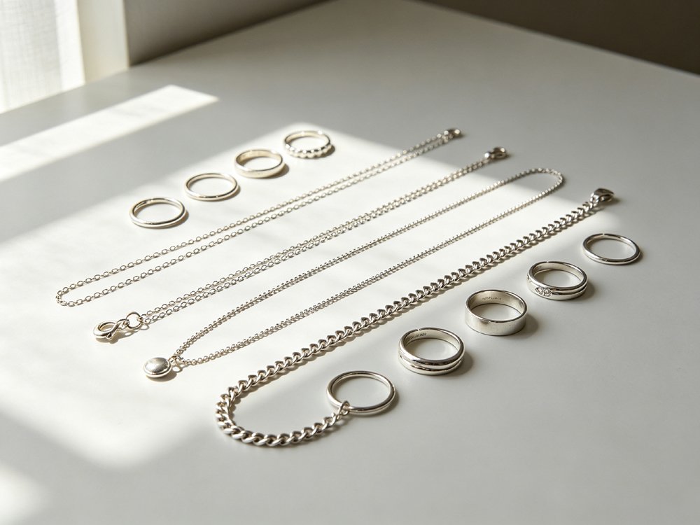Shiny 925 sterling silver necklace, ring and bracelet daily maintenance display
