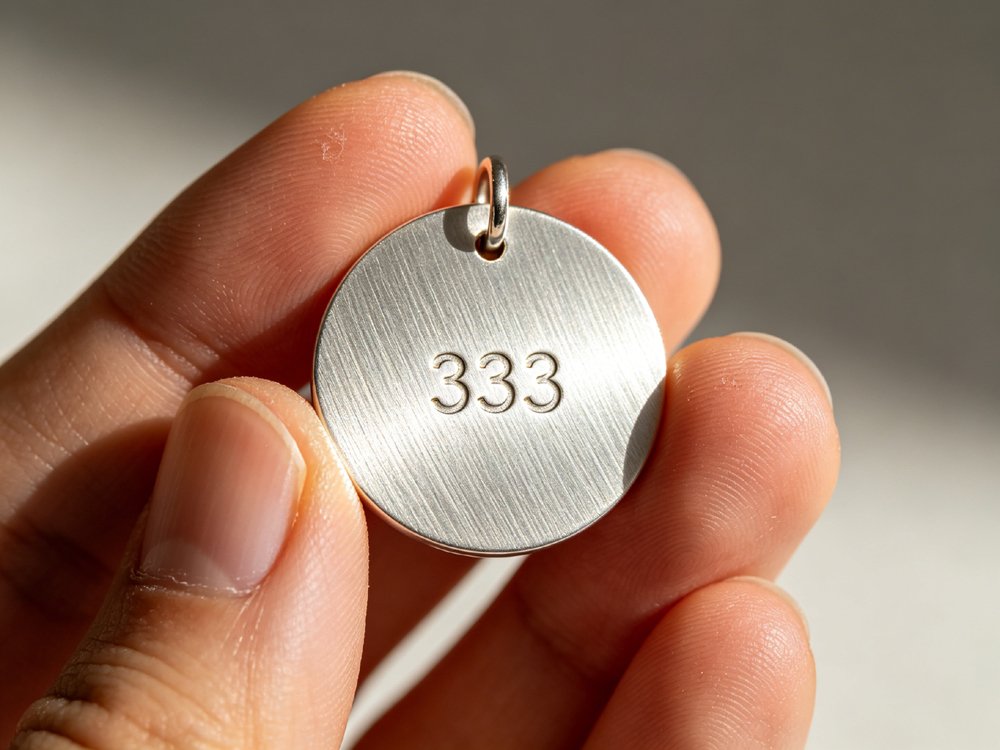 Macro detail of a SYMARA sterling silver pendant with the angel number 333 finely engraved on its surface, fingertips gently holding the edge, soft light revealing the brushed metal texture and subtle reflections.