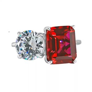 S925 silver toi et moi birthstone ring with lab-grown ruby and high-carbon diamond