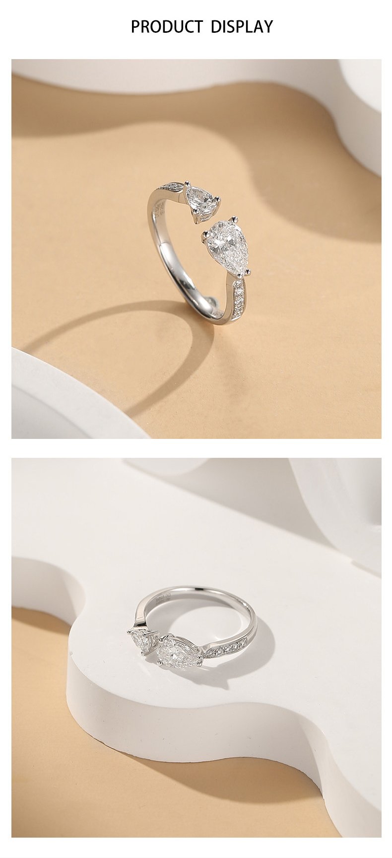 Side view of toi et moi lab grown diamond ring, showing adjustable open band and dual pear-cut stones