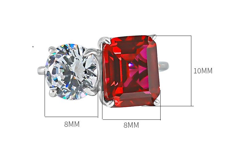 Close-up of lab-grown ruby and high-carbon diamond on a toi et moi birthstone ring