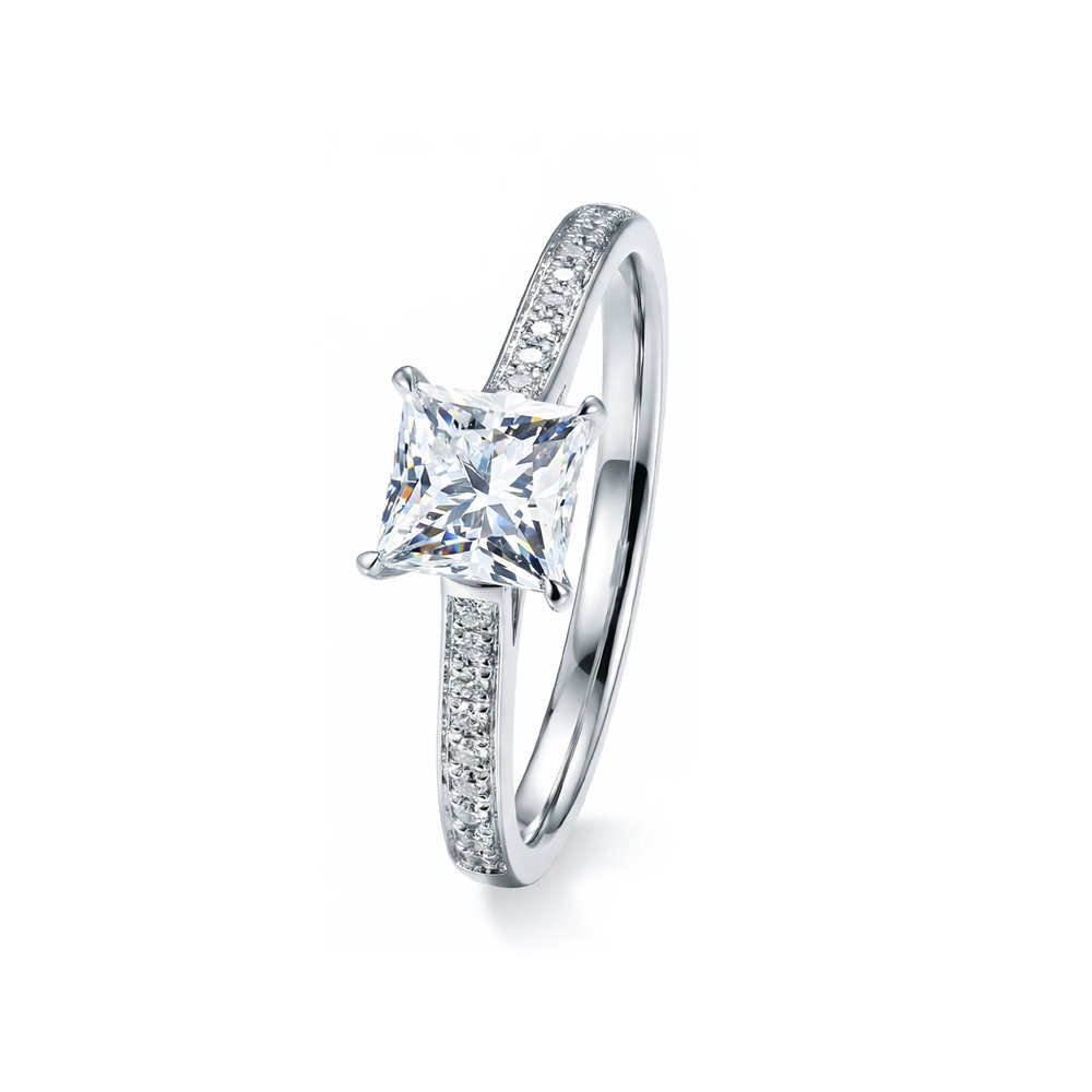 White gold promise ring adorned with princess cut lab grown diamond