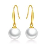 10mm White Round Freshwater Pearl Dangle Earrings SYMARA solid 18K gold hook minimalist drop pearl earrings on plain white background