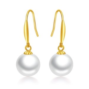 10mm White Round Freshwater Pearl Dangle Earrings SYMARA solid 18K gold hook minimalist drop pearl earrings on plain white background
