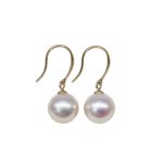 14K Gold Drop Shape Freshwater Pearl Iris Earrings SYMARA solid gold earrings with 10-11mm round white high luster freshwater pearls white background main shot