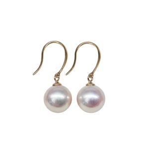 14K Gold Drop Shape Freshwater Pearl Iris Earrings SYMARA solid gold earrings with 10-11mm round white high luster freshwater pearls white background main shot