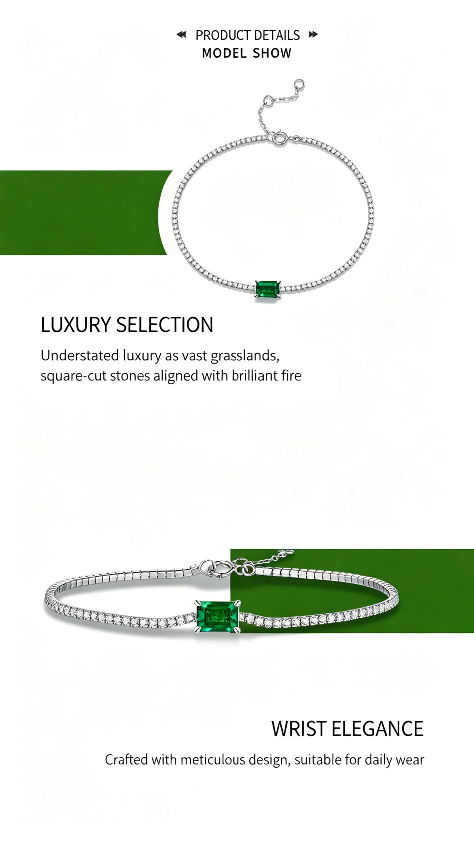 Aunt tennis bracelet with 1 carat lab-grown emerald 5mm × 7mm in 925 silver