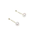 18K gold threader drop earrings with 7.5-8.5mm flawless high luster freshwater pearls