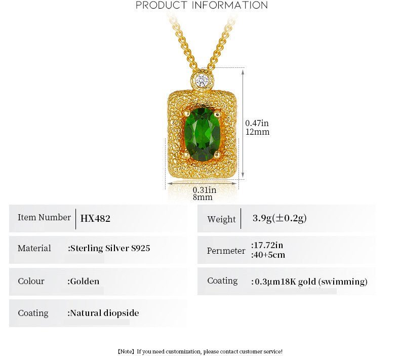 Close-up of 18K gold plated textured square pendant with natural diopside