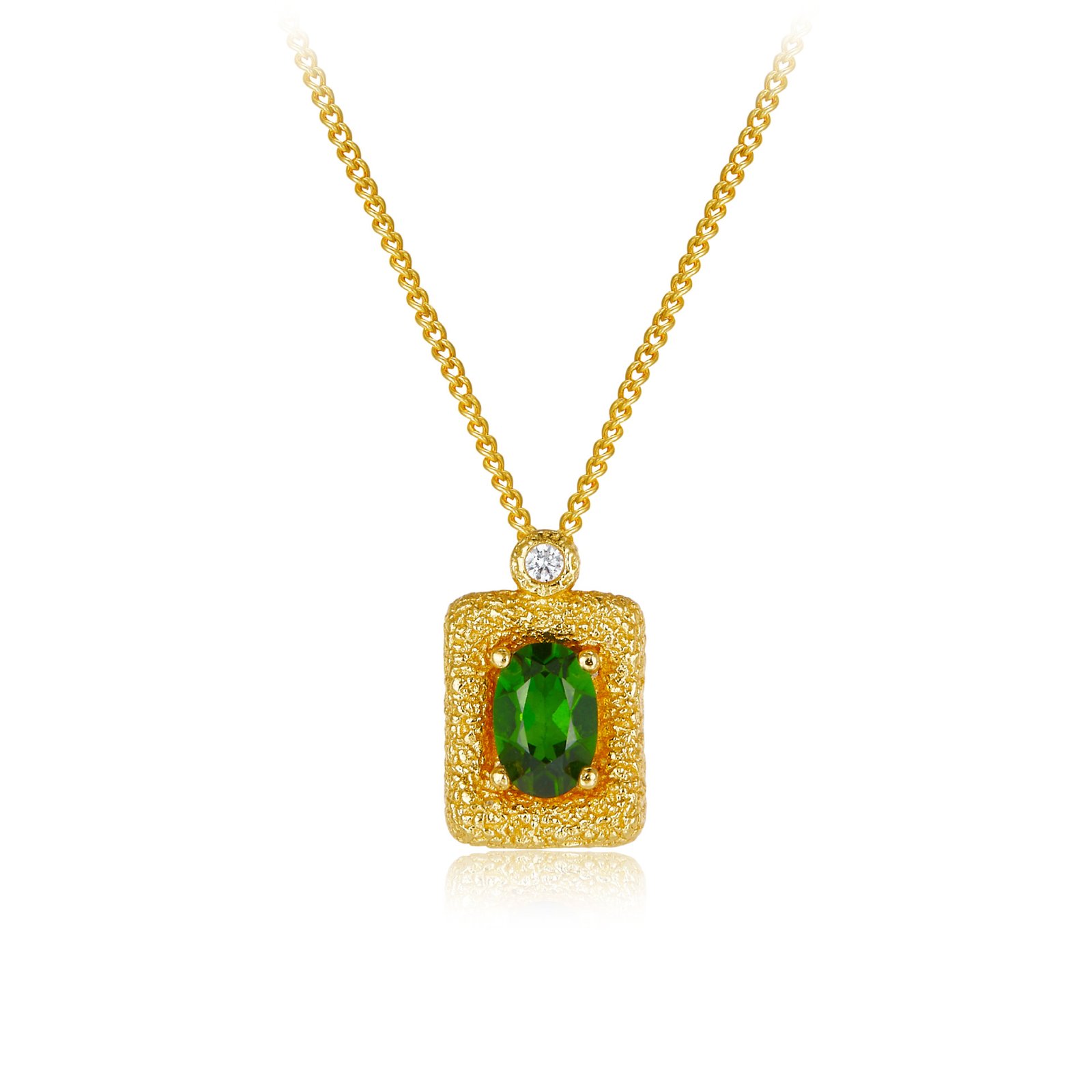 18K gold plated S925 silver necklace with textured square diopside pendant clavicle chain