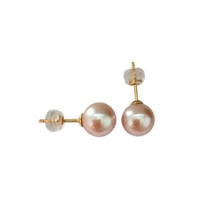 8mm round pink cultured freshwater pearl stud earrings with 18K gold posts