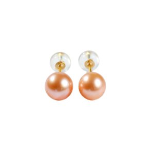 7mm coral pink near round cultured freshwater pearl stud earrings 18k gold solid post main product shot