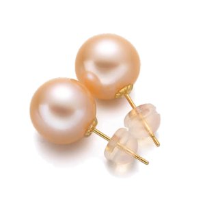 8-9mm peach round freshwater pearl stud earrings solid 18K gold minimalist design white background front view