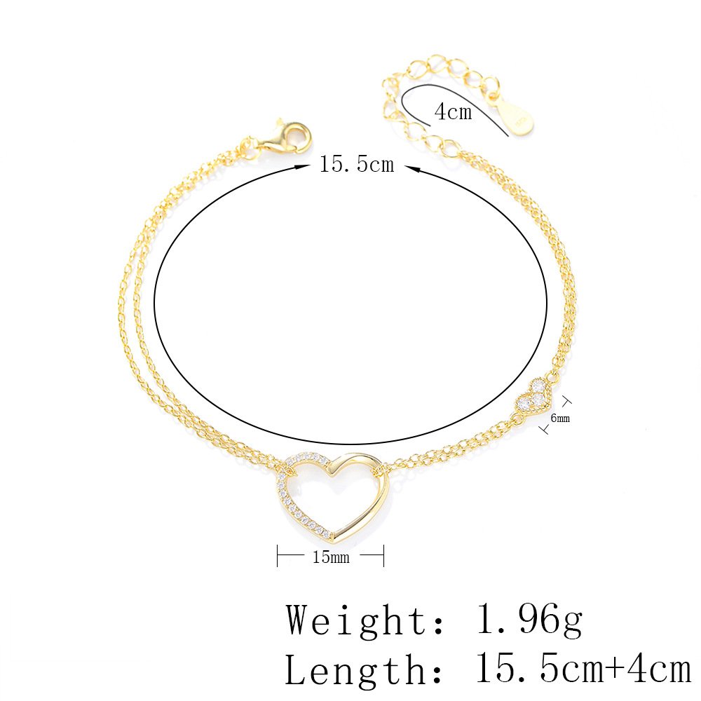 Flat lay shot two-heart CZ double chain bracelet solid 925 sterling silver, delicate pave zircon mom girl sentimental daily wear jewelry