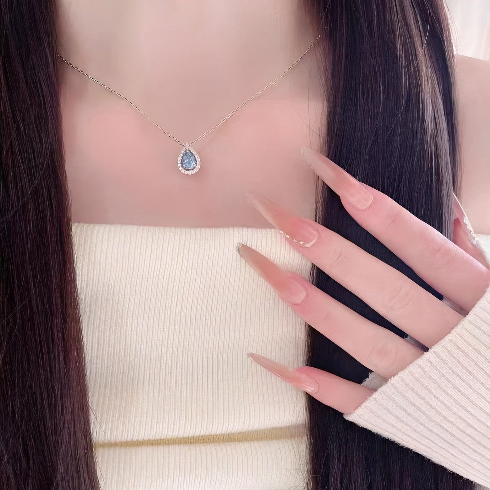 Aquamarine teardrop necklace as gift, romantic blue tears S925 silver jewelry for her