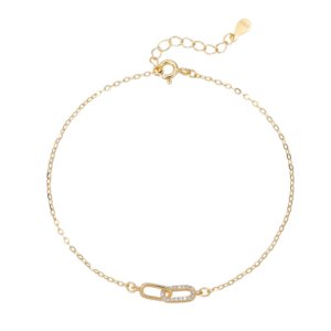 Studio shot of dainty S925 silver linked bracelet with interlocking design and cubic zirconia details, pure white background.
