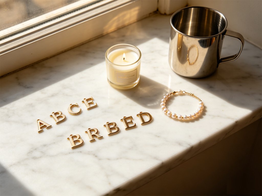 Flat lay of bachelorette party gifts from maid of honor including minimalist pearl jewelry, scented candles and personalized tumblers on marble background