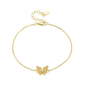 Butterfly bracelet for women, S925 sterling silver 14K gold plated cubic zirconia