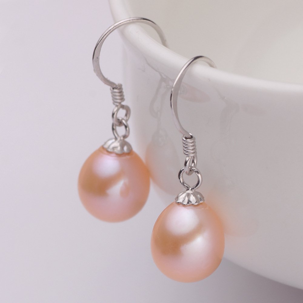 Front product shot of 8-9mm pink drop freshwater pearl dangle earrings with hypoallergenic S925 silver hooks