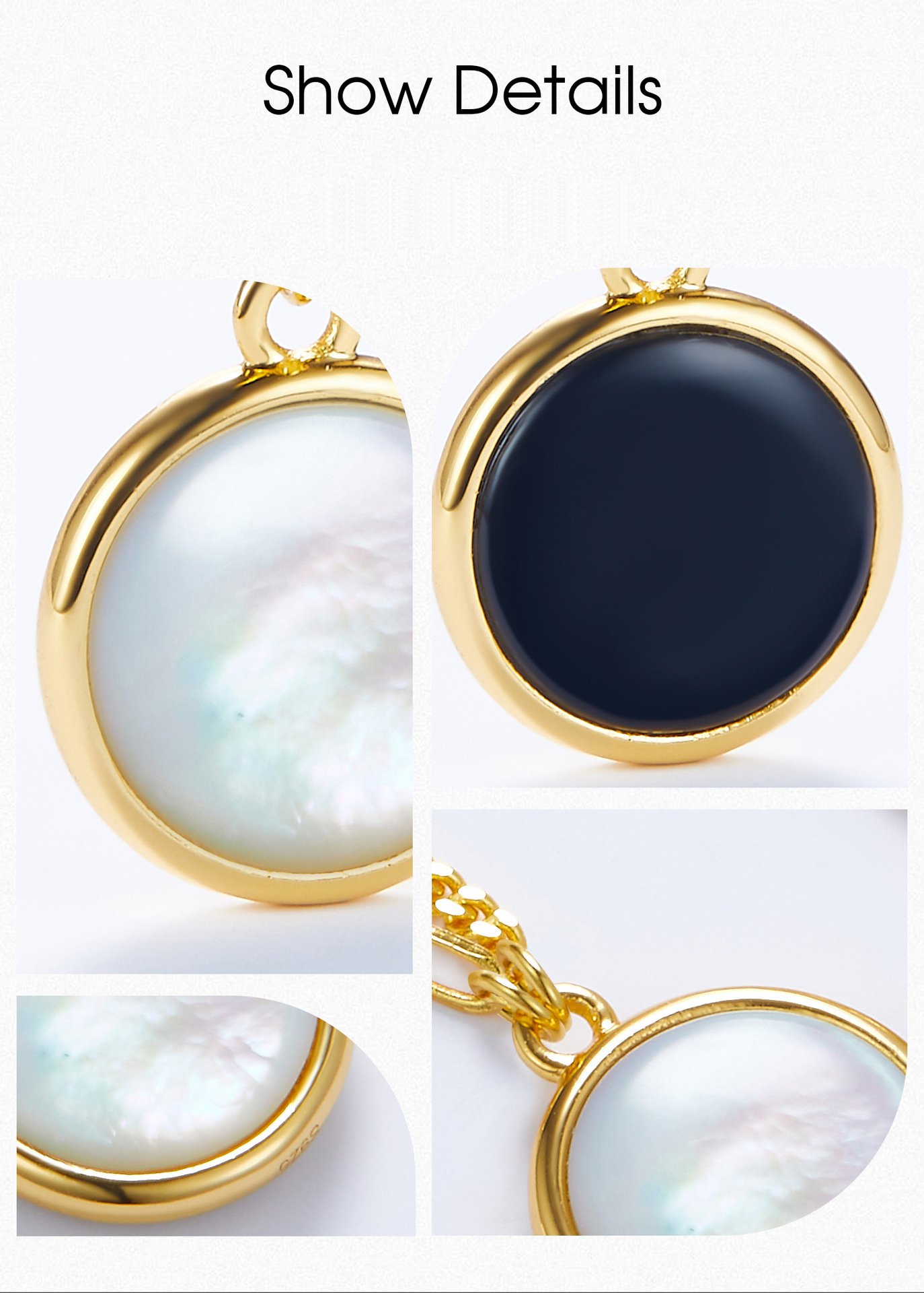 Close-up of natural mother of pearl surface on 1.2cm round disc necklace