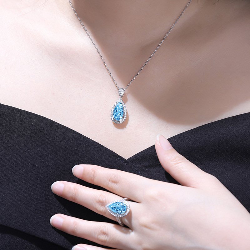Custom luxury lab grown aquamarine teardrop collarbone necklace, custom gemstone pendant jewelry for women