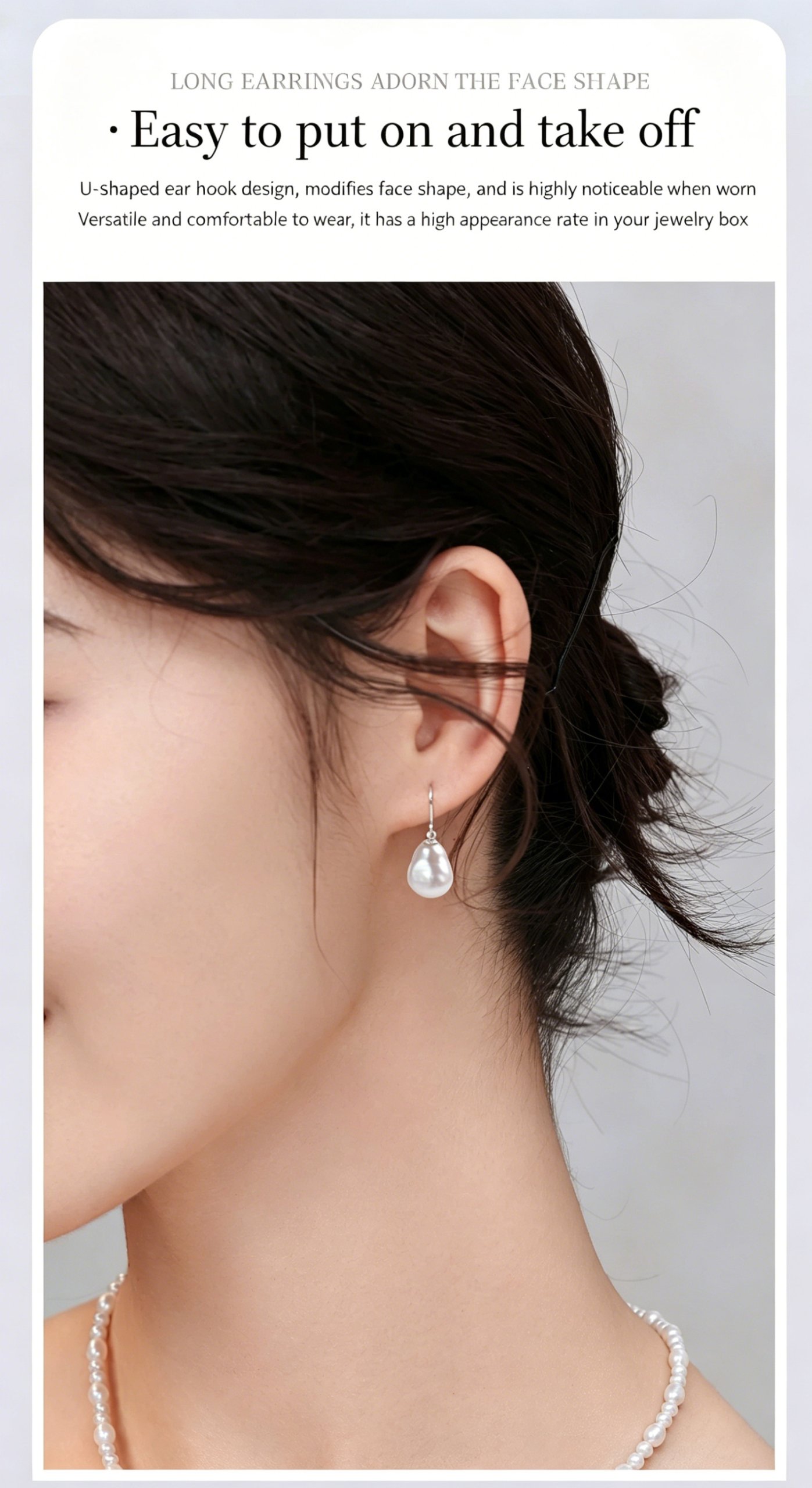 Women model wearing 8mm white baroque freshwater pearl arlet drop earrings daily boho outfit