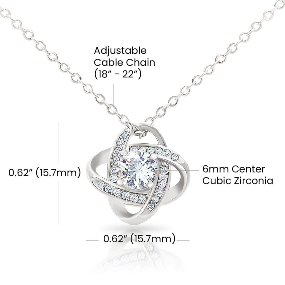 Close-up of four leaf clover pendant, S925 silver love knot design with cubic zirconia inlay