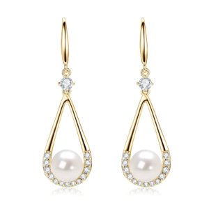 Drop Freshwater Pearl Denise Earrings cz trim close up with 7-8mm cultured freshwater pearl SYMARA
