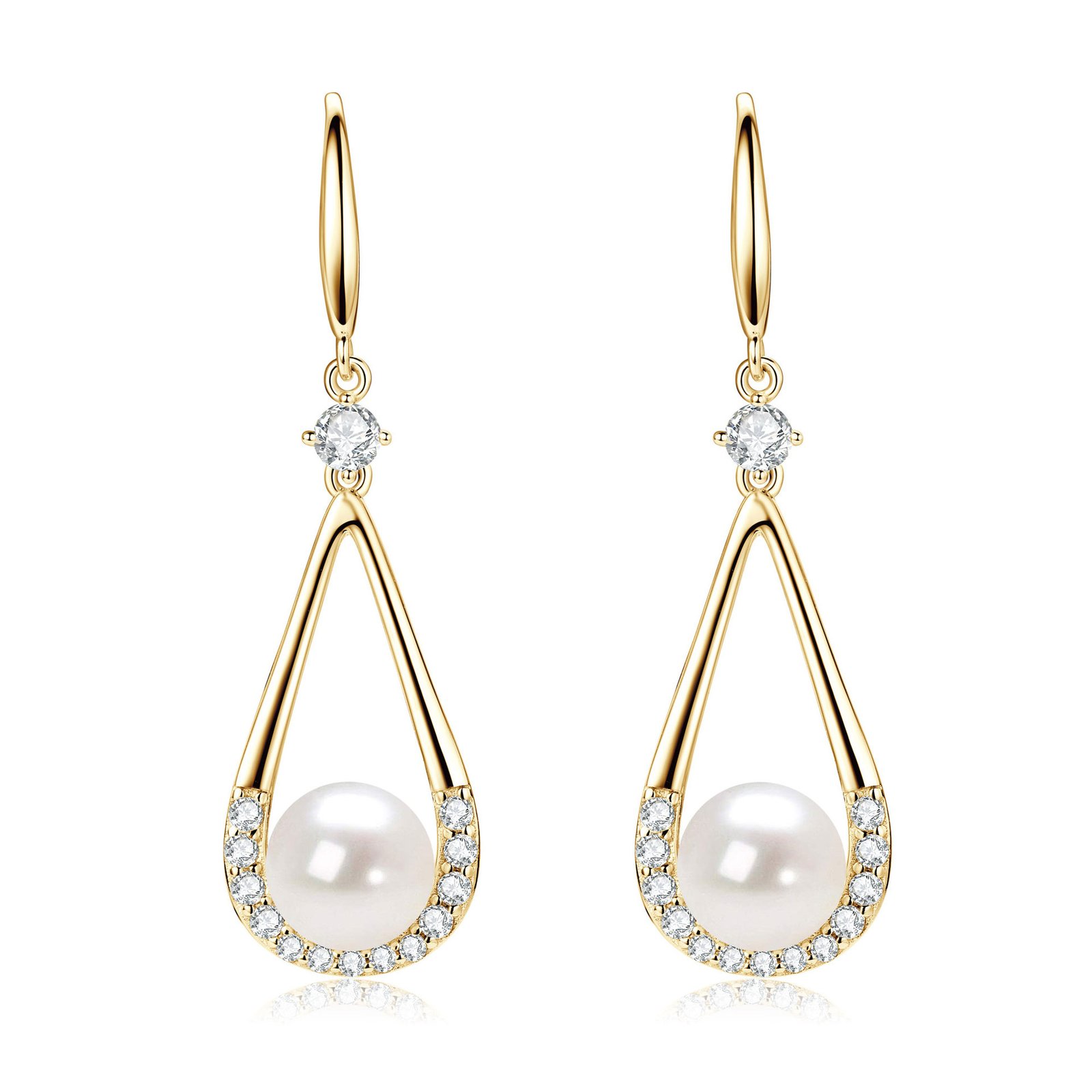 Drop Freshwater Pearl Denise Earrings cz trim close up with 7-8mm cultured freshwater pearl SYMARA