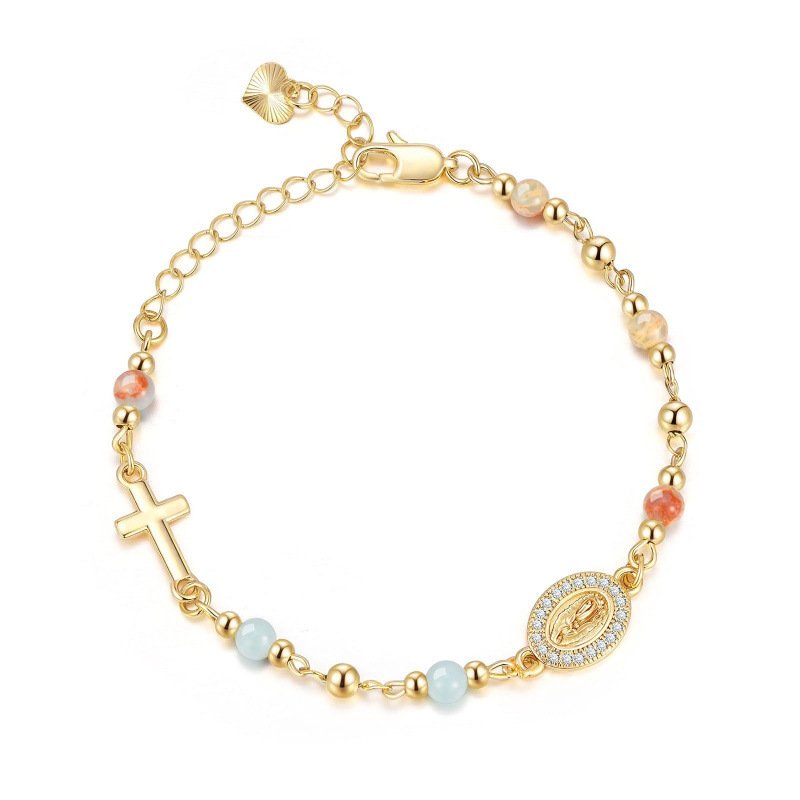 Godmother bracelet with pink zebra pattern, gold cross and diamond portrait charm