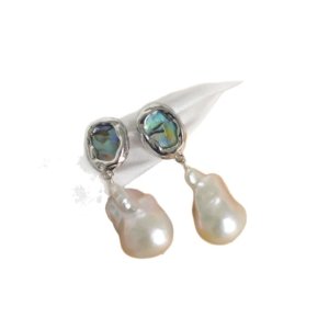 Silver handmade baroque freshwater pearl dangle earrings embedded iridescent abalone shell detail