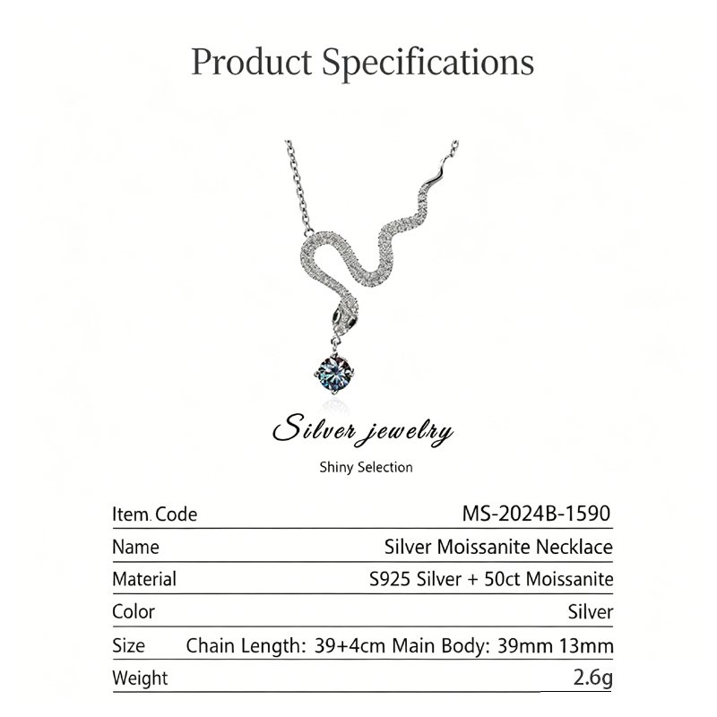 GRA certified 0.5ct moissanite snake necklace with 925 sterling silver O-link chain