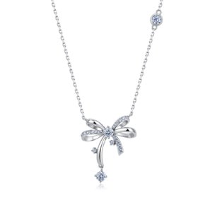GRA certified moissanite bow necklace, 925 sterling silver dangling collarbone jewelry