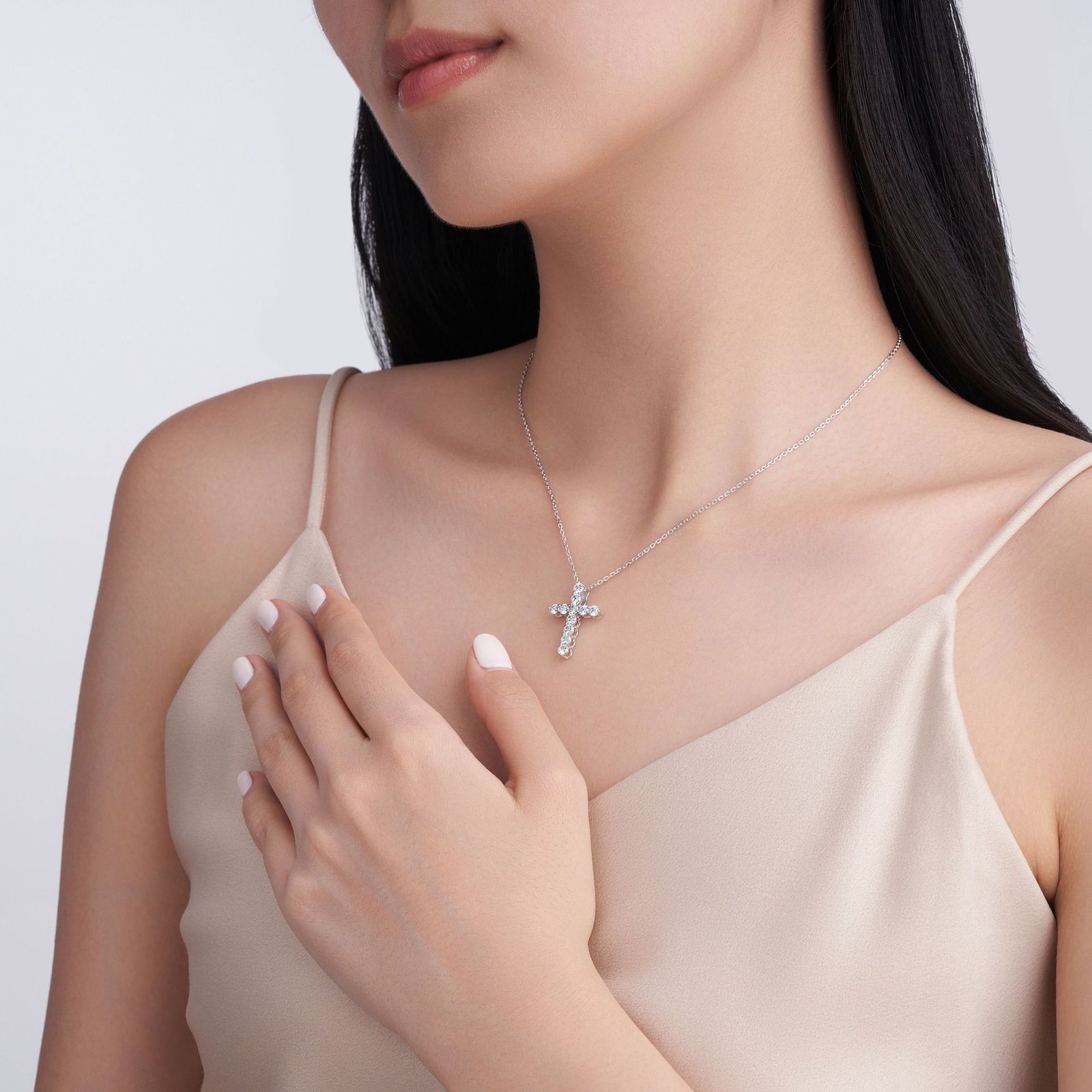 White gold plated cross moissanite necklace for daily wear